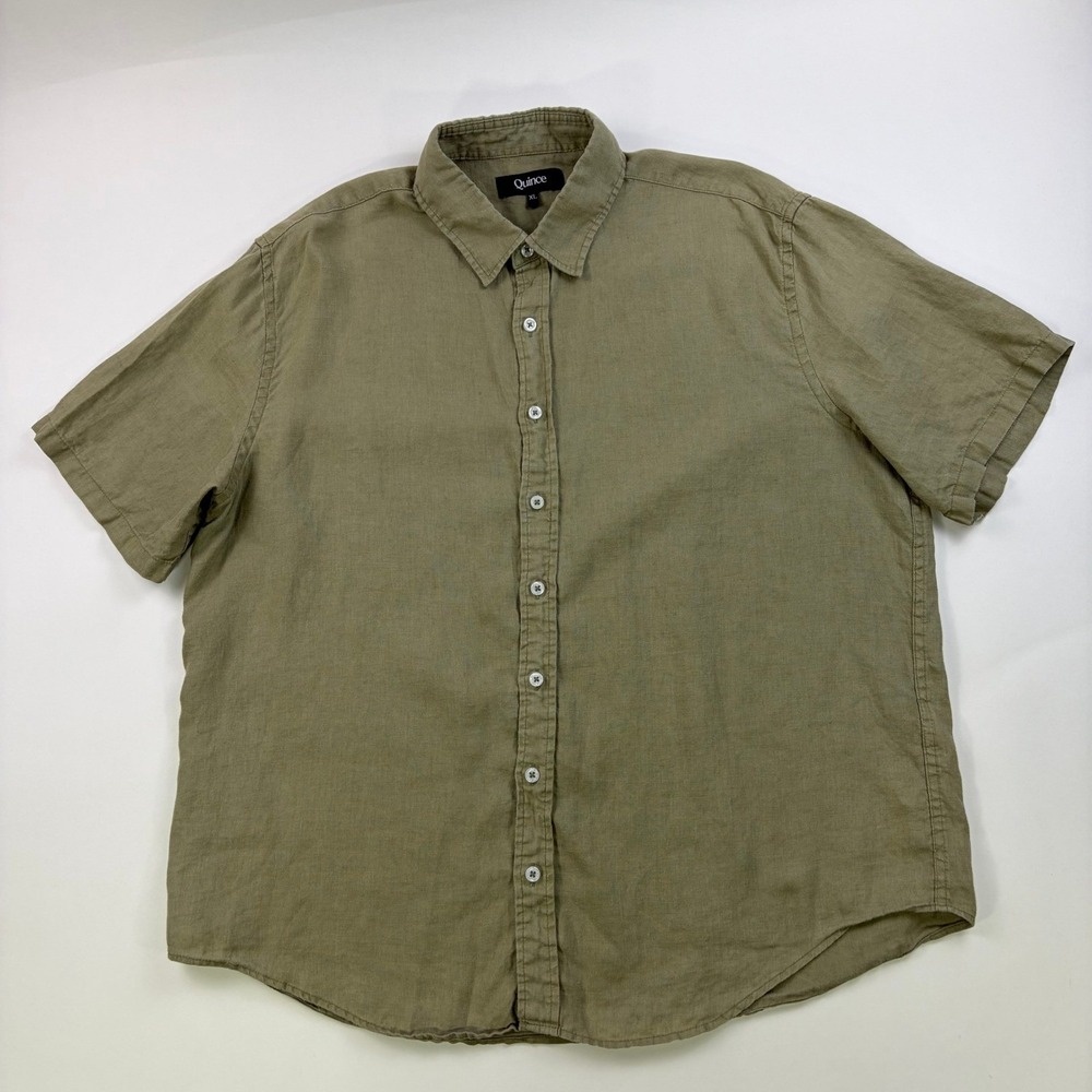 Quince Premium European Linen Short Sleeve Shirt Mens XL Olive Green Button Down